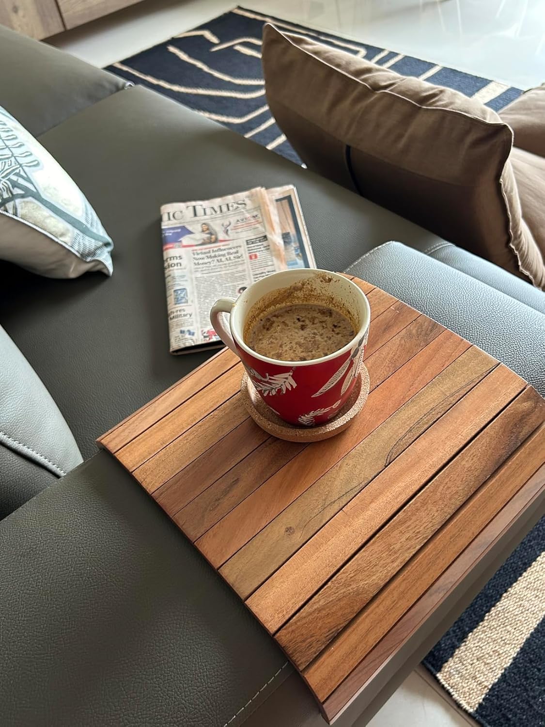 Sysi Home Wooden Flexible Tray | Foldable Dining Table Mat | Sofa Armrest Tray | Wooden Table Mat For Food Drinks & Snacks (Brow